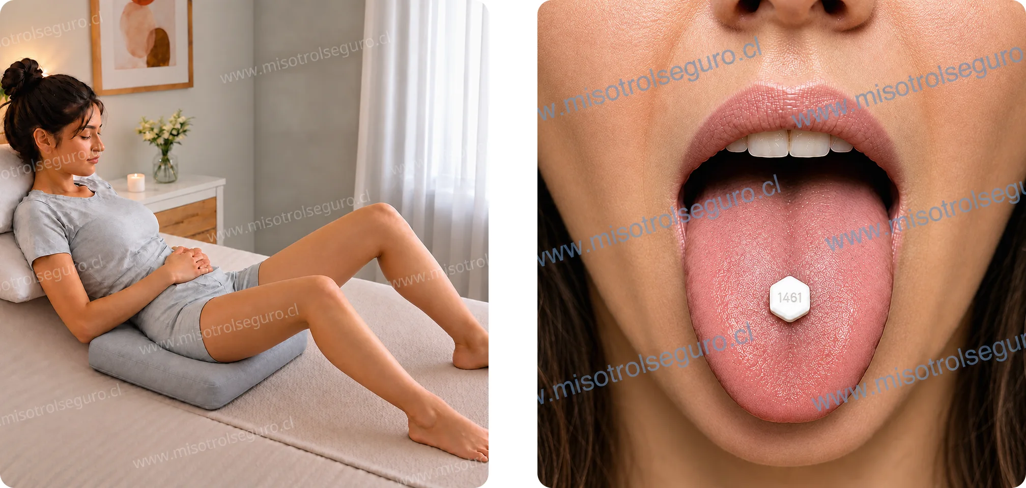Tratamiento mixto: mujer recostada en reposo y mujer con una pastilla de misotrol sobre la lengua